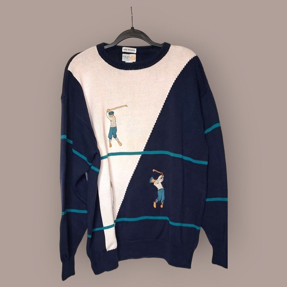 Vintage IZOD Club Hand Intarsia XL Embroidered Preppy Golf Sweater Color Block